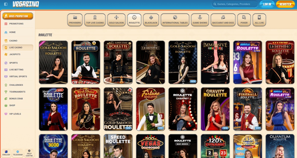 Vegasino roulette game selection including Evolution games